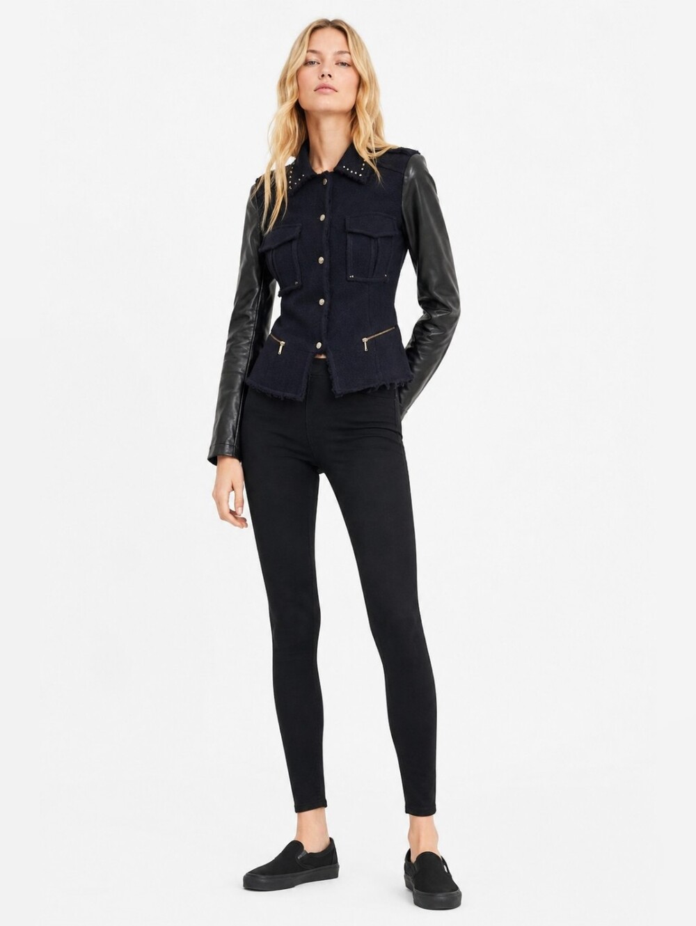 NWT Zara Size XS Tweed Faux Leather Studs Biker Jacket